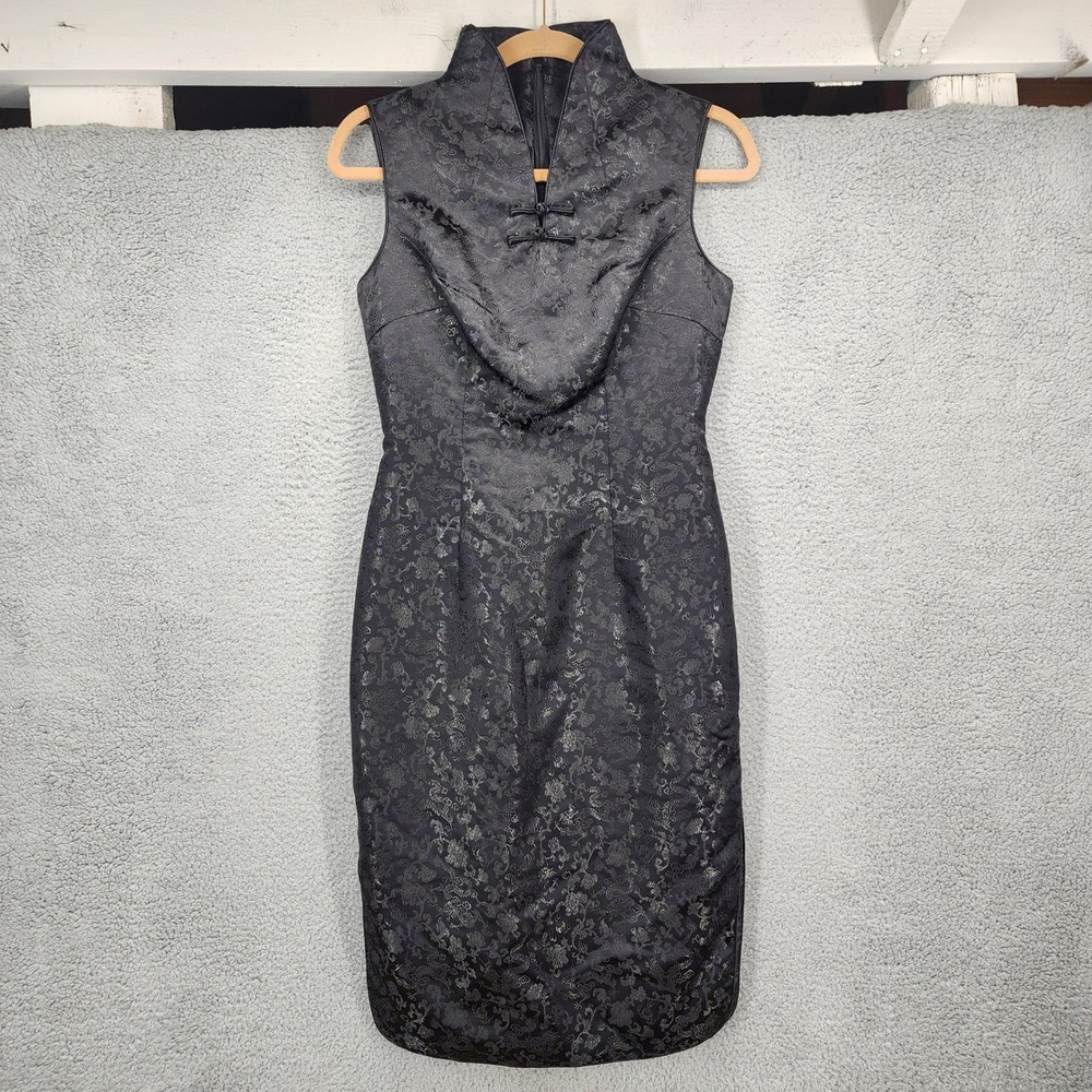 Huixia Black Dragon Jacquard Mandarin Collar Sleeveless Cheongsam Sheath Dress